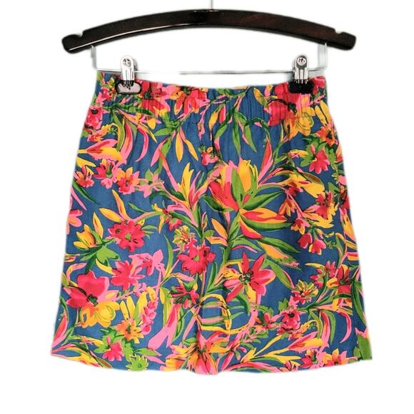 J. Crew Linen Pink & Blue Tropical Floral Paper Bag Mini Barbiecore Skirt sz 2 - Picture 1 of 5